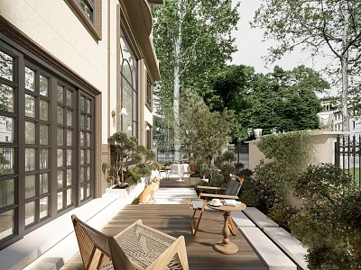 Modern Garden Landscape Design With Wooden Deck Outdoor Furniture Green Plants And Trees 3d model