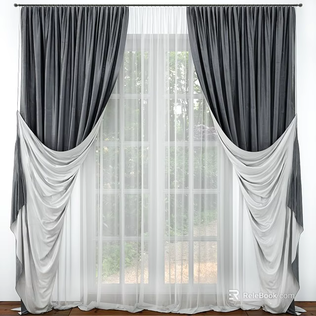 Double Layer Gray Window Curtain With White Sheer And Elegant Drape Design For Home Decor 3d model 