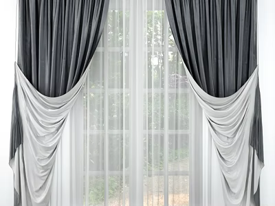 Double Layer Gray Window Curtain With White Sheer And Elegant Drape Design For Home Decor 3d model
