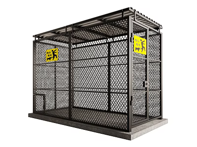 Metal Mesh Enclosed Shelter With Roofed Structure And Yellow Warning Signs 3d model