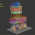 Industrial Metal Structure Tower With Multiple Platforms Yellow Guardrails And Stairs
