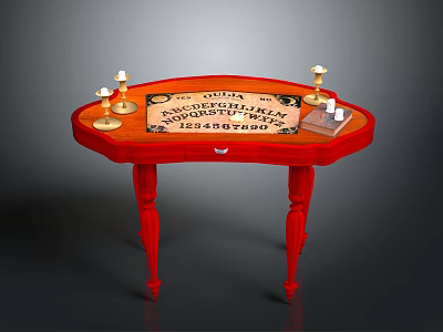 Red Oval Table With Wooden Plaque Text Candle Holders And Small Box 3d model