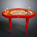 Red Oval Table With Wooden Plaque Text Candle Holders And Small Box
