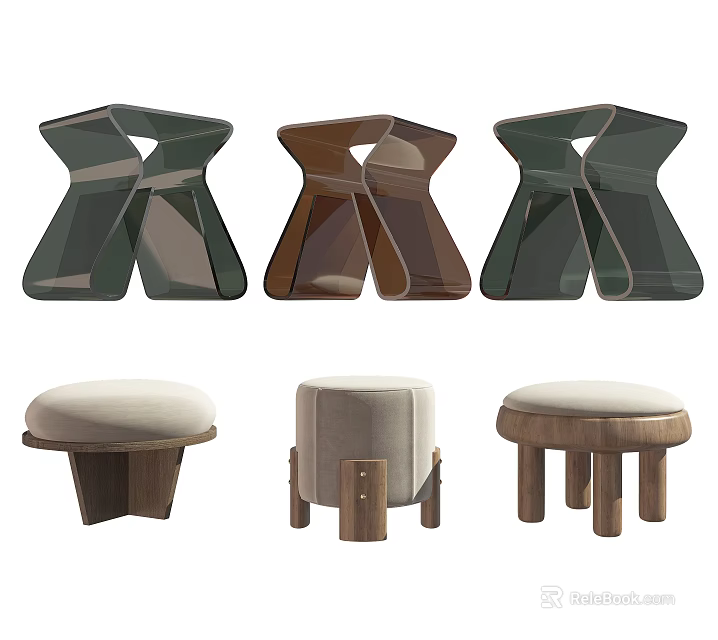 Modern Geometric Stools With Wooden Frames And Upholstered Seats For Home Decor 3d model 
