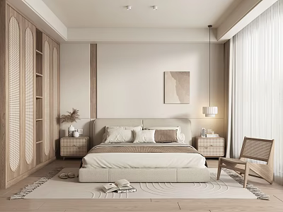 Serene Neutral Bedroom Interior With Comfortable Bed Wooden Shelves Accent Chair And Soft Rug 3d model