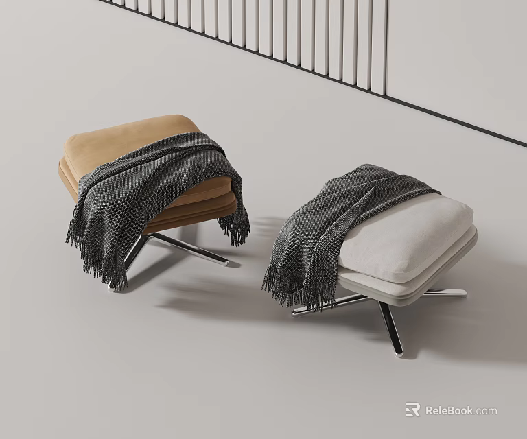 Modern Stools With Gray Blankets Brown White Soft Cushions And Metal Legs Interior 3d model 