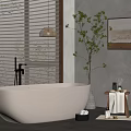 Freestanding White Bathtub In Minimalist Bathroom With Natural Light Green Plant And Wall Art