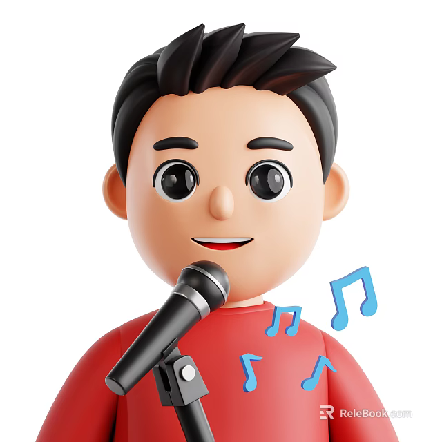Man Singing Into Microphone With Music Notes Around In Red Shirt 3d model 