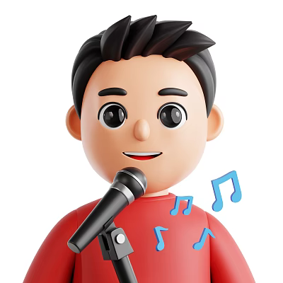 Man Singing Into Microphone With Music Notes Around In Red Shirt 3d model