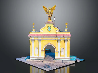 Ancient Yellow Architecture With Golden Eagle Statue On Top And Arched Doorway 3d model