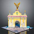 Ancient Yellow Architecture With Golden Eagle Statue On Top And Arched Doorway