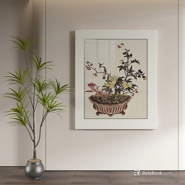 Abstract Painting in White Frame with Potted Plant Flowers and Bird Next to Green Plant 3d model 