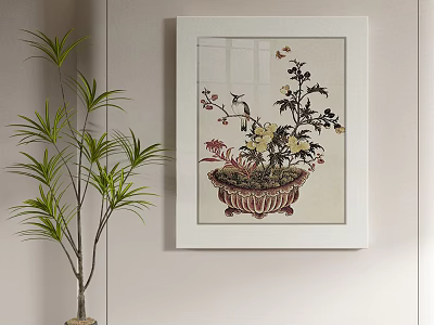 Abstract Painting in White Frame with Potted Plant Flowers and Bird Next to Green Plant 3d model