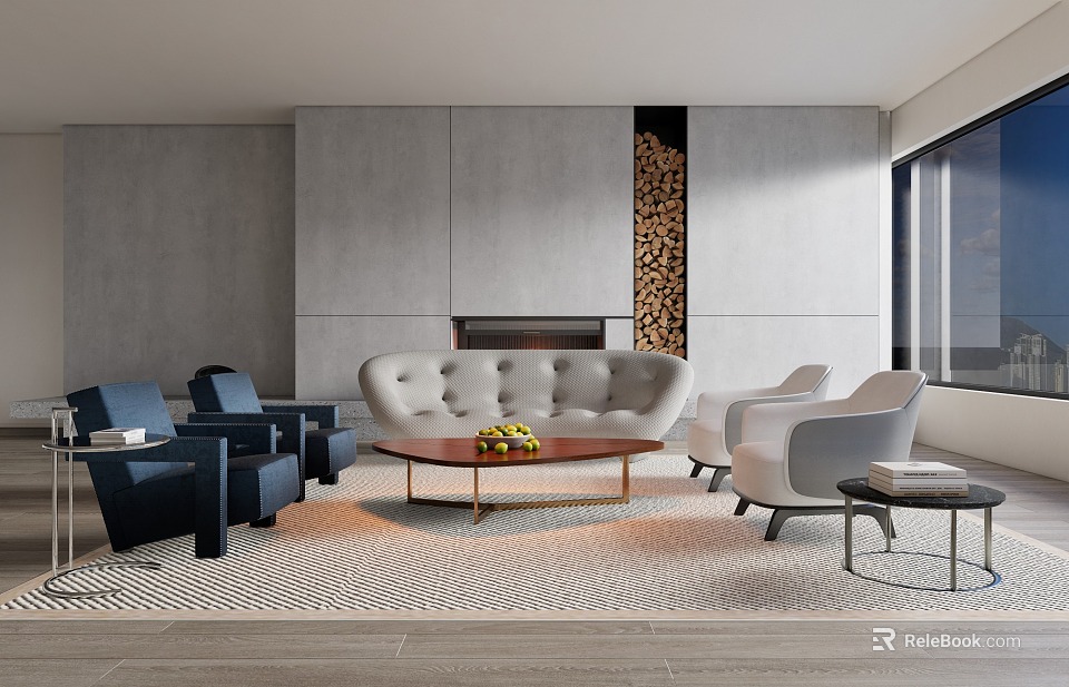 Modern Sofa and Coffee Table Set in Living Room With Armchairs Area Rug And Fireplace Decoration 3d model 