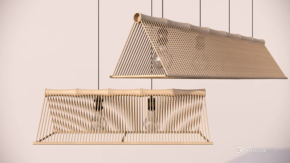 Modern Woven Chandeliers with Rectangular and Triangular Designs Hanging in Minimalist Setting 3d model