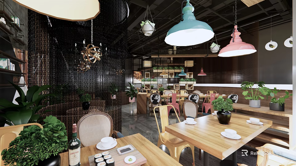 Modern Restaurant Interior With Wooden Tables Colorful Pendant Lights And Green Plants 3d model 