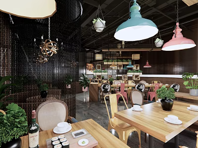 Modern Restaurant Interior With Wooden Tables Colorful Pendant Lights And Green Plants 3d model