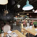 Modern Restaurant Interior With Wooden Tables Colorful Pendant Lights And Green Plants