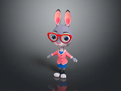 Cute Cartoon Rabbit Character Wearing Red Glasses In Pink Coat And Blue Skirt 3d model