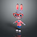 Cute Cartoon Rabbit Character Wearing Red Glasses In Pink Coat And Blue Skirt