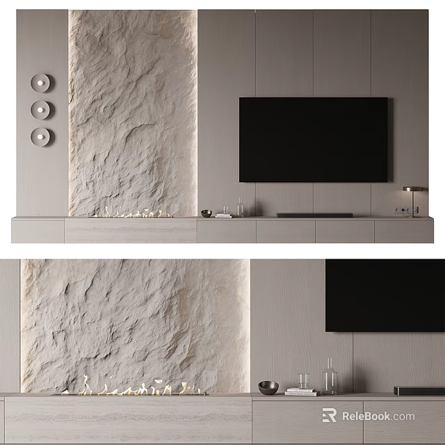 Minimalist TV Background Wall With Stone Texture Flat Screen TV Circular Decor And Floating Cabinet 3d model 