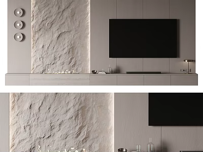 Minimalist TV Background Wall With Stone Texture Flat Screen TV Circular Decor And Floating Cabinet 3d model