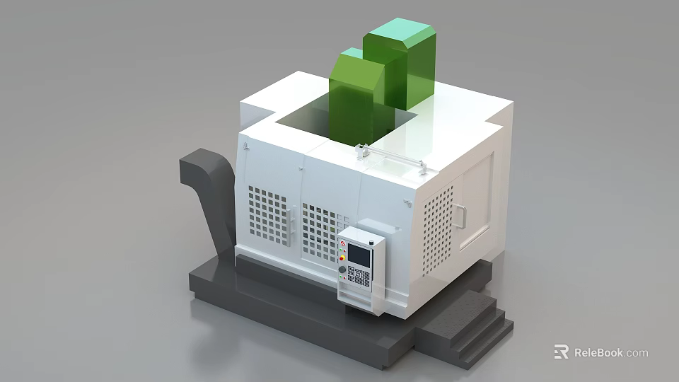 Industrial CNC Machining Equipment with White Body Green Top Parts and Control Panel 3d model 