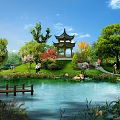 Tranquil Waterfront Landscape With Lake Islands Greenery Roads Parking Lots And Swans