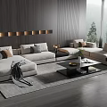 Modern Minimalist Living Room With White L Shaped Sofa And Black Coffee Table Set