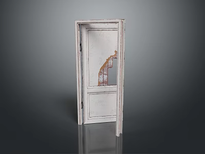 White Wooden Door Furniture With Damaged Frame And Glass Panel Cracks 3d model