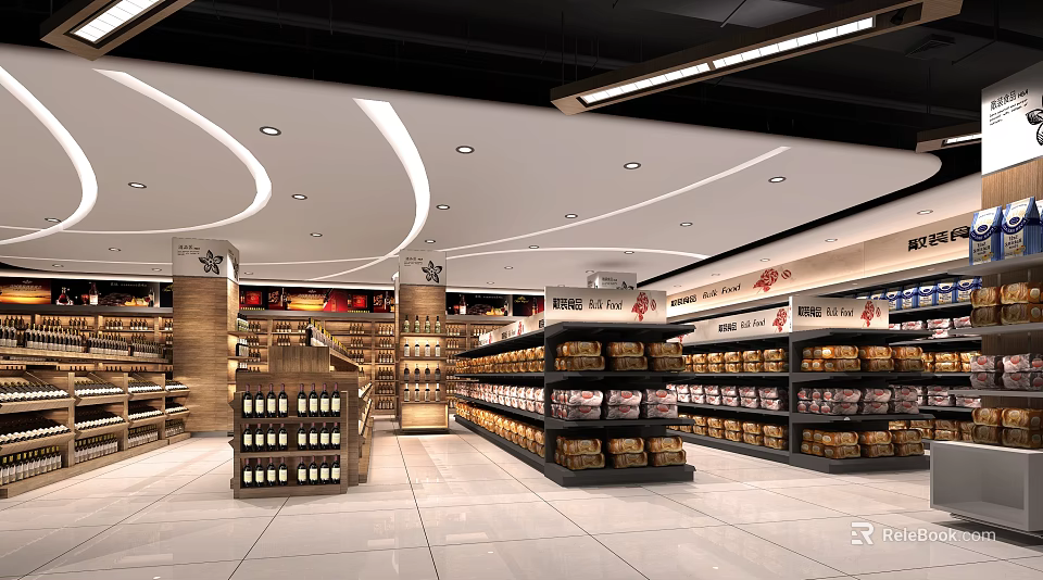 Spacious Supermarket Department Store Interior With Shelves Stocked Goods And Modern Lighting 3d model 