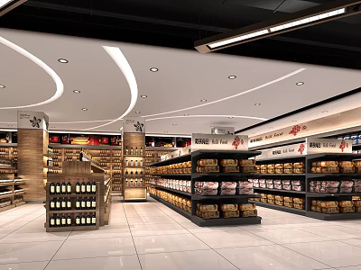Spacious Supermarket Department Store Interior With Shelves Stocked Goods And Modern Lighting 3d model