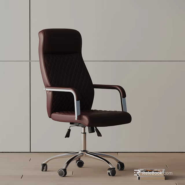 Modern Brown Leather Office Chair With Tufted Backrest Metal Armrests And Rolling Base 3d model 