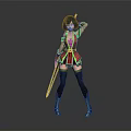 Game Movie Character With Short Dark Hair Red Black Outfit Holding Sword Raised Arm Pose