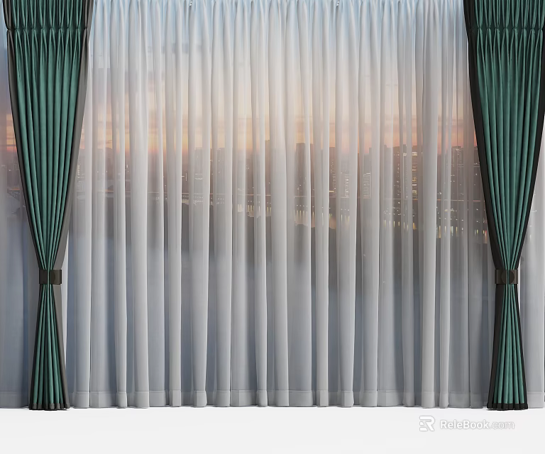 Dark Green Curtains With White Sheer Panels And City View Through Window 3d model 