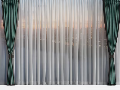 Dark Green Curtains With White Sheer Panels And City View Through Window 3d model