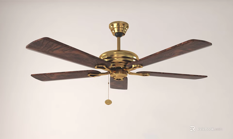 Classic Brass Ceiling Light with Wooden Fan Blades and Elegant Decorative Design 3d model 
