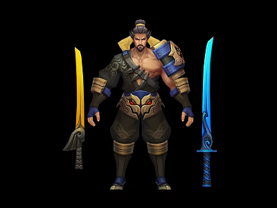 Warrior Character And Dragon Creature In Eastern Armor With Twin Swords 3d model