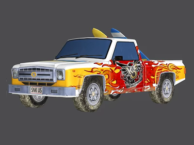 Vibrant Pickup Truck With Flame Decals Dragon Design And Surfboards On Roof 3d model