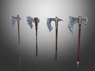 Various Medieval Style Battle Axes With Metal Blades And Wooden Handles 3d model