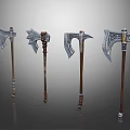 Various Medieval Style Battle Axes With Metal Blades And Wooden Handles