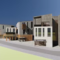 Modern Commercial Street with Beige Stone Facades Multiple Shop Fronts Glass Windows and Parking Area