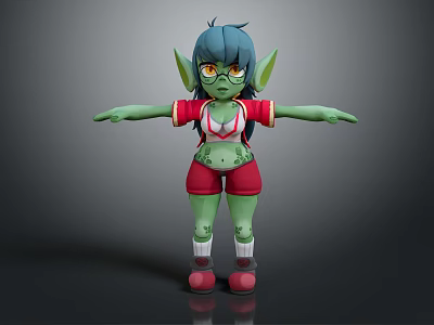 3D Green Goblin Character Design With Blue Hair Yellow Eyes Red Top Green Shorts Goggles 3d model