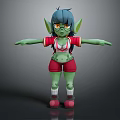 3D Green Goblin Character Design With Blue Hair Yellow Eyes Red Top Green Shorts Goggles