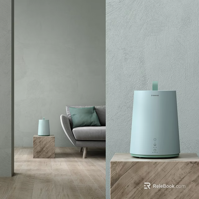 Light Blue Household Electrical Appliance Humidifier in Modern Living Room with Sofa and Wooden Stand 3d model 