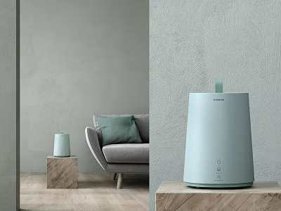 Light Blue Household Electrical Appliance Humidifier in Modern Living Room with Sofa and Wooden Stand 3d model