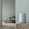 Light Blue Household Electrical Appliance Humidifier in Modern Living Room with Sofa and Wooden Stand