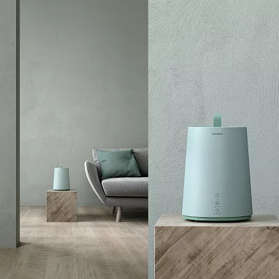 Light Blue Household Electrical Appliance Humidifier in Modern Living Room with Sofa and Wooden Stand 3d model