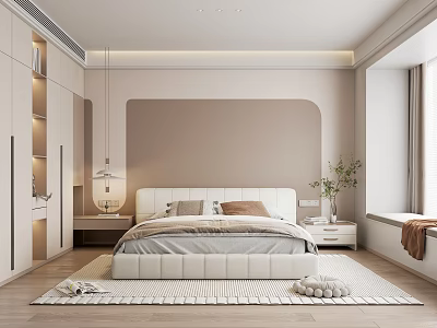 Modern Bedroom Interior Design With Beige Walls White Bed Pendant Light Green Plant And Rug 3d model