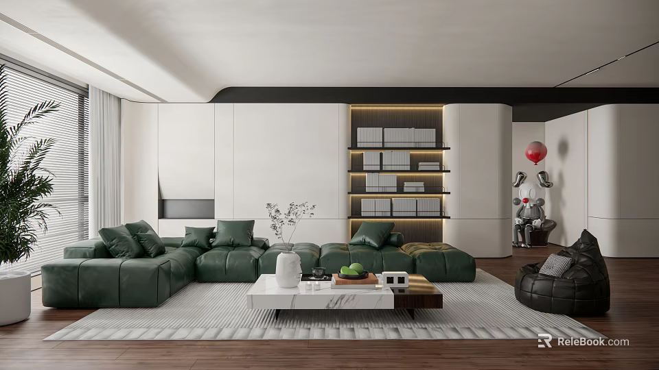 Modern Living Room Interior Design With Green Sofa Marble Coffee Table And Bookshelf 3d model 
